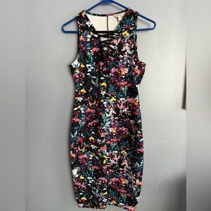 Belle Sky XS Black Floral Print Dress Crisscross neck